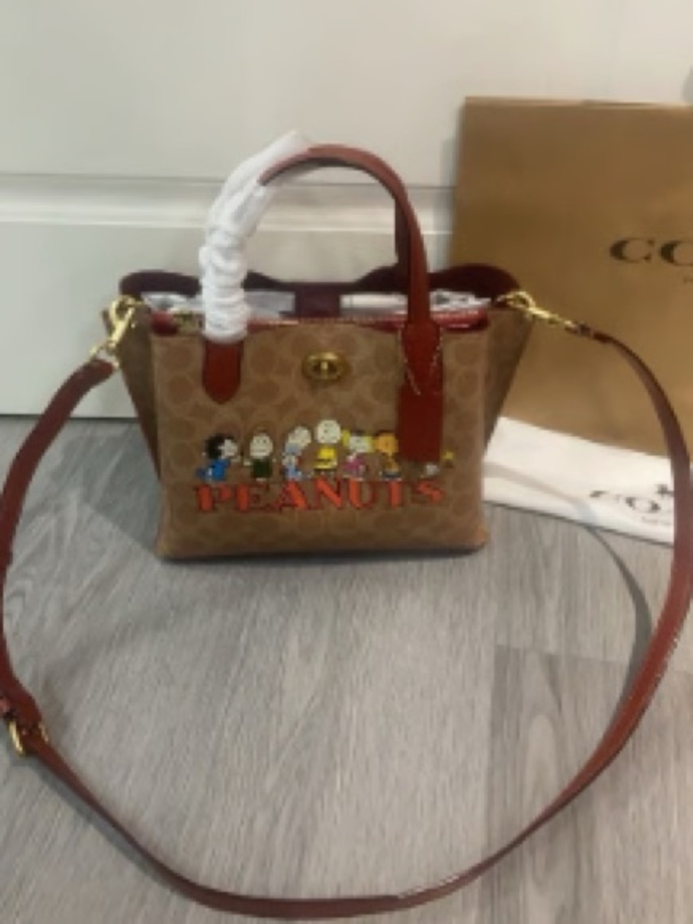 Coach Brown Signature Canvas Peanuts Mini Satchel with Tan Leather Trim